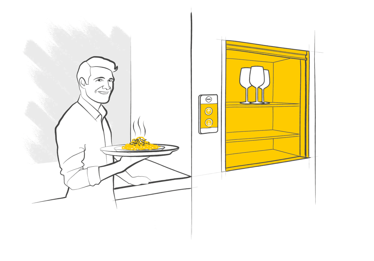 Illustration of a man standing next to a dumbwaiter