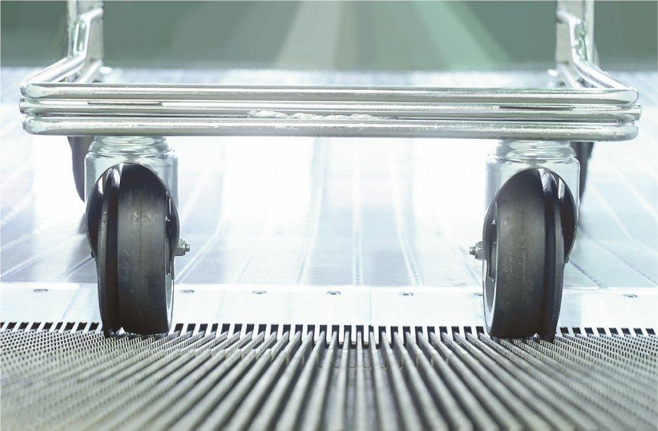 Wheels of a trolley wedged into the mobile ramp