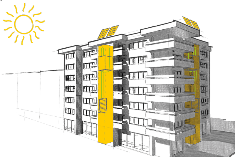Illustration of a building with ION Solar lift