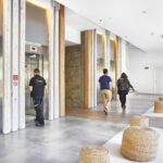 Contemporary Public Space Featuring Elevator Maintenance Activity