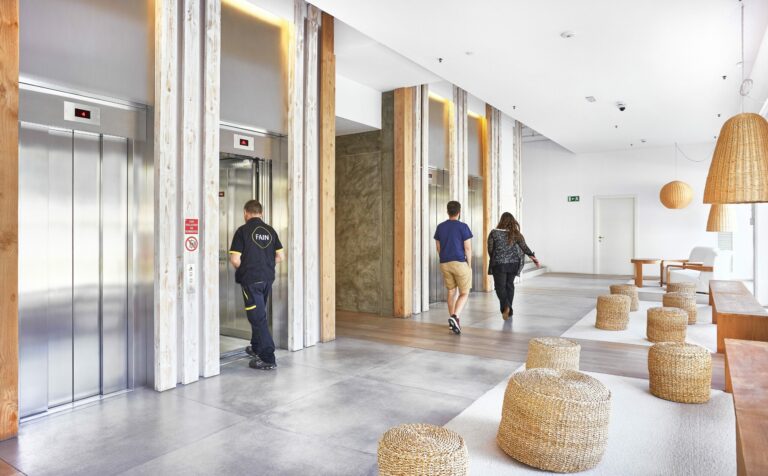 Contemporary Public Space Featuring Elevator Maintenance Activity